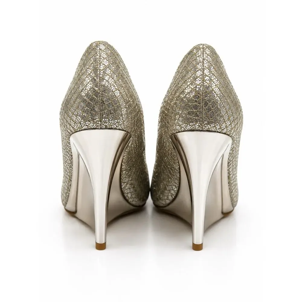 Jimmy Choo Metallic Glitter Peep Toe Wedge Heels – Women’s EU 36.5 / US 6–6.5